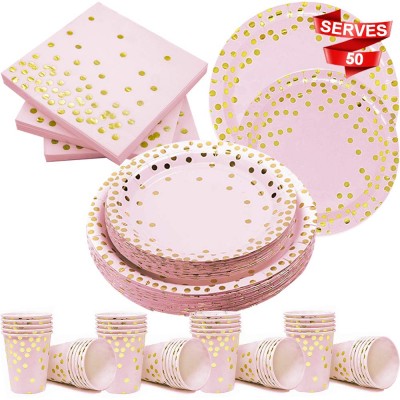 2019 Pink and Gold Dot Disposable Paper Plates Cup Napkin Set for Birthday Bachelorette Baby Shower Party