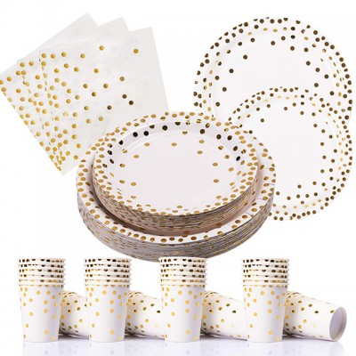 2019 150PCS Gold and White Disposable Paper Plates Set for cake decoration