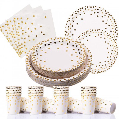 2019 150PCS Gold and White Disposable Paper Plates Cups Set cake decoration tools